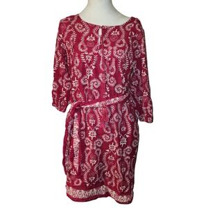 Studio Park Pink White Floral Vine Print Cotton Shift Dress Tassel Belt Size S